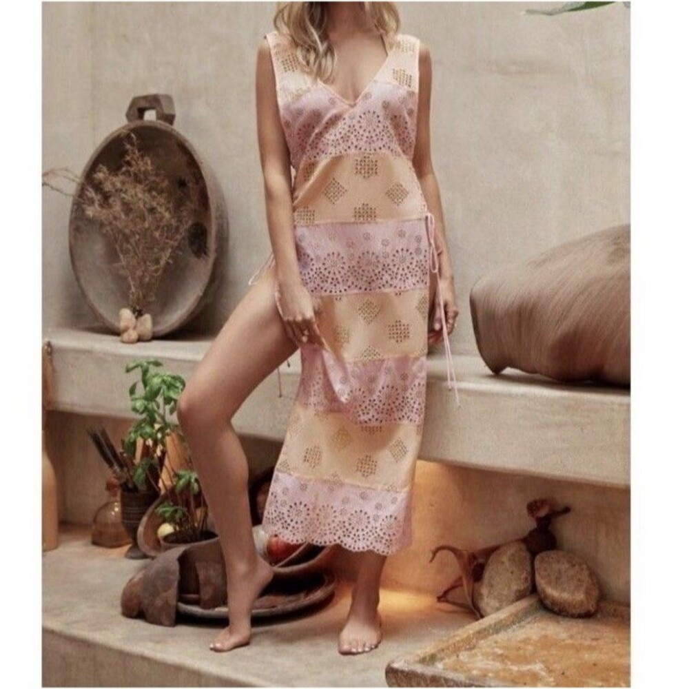 Namaste Joy Lace Tunic by PQ Swim Size ML Eyelet Side Tie Pink Peach